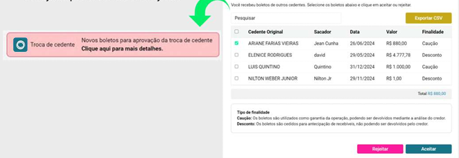 Lista de boletos recebidos com as opções Rejeitar e Aceitar.