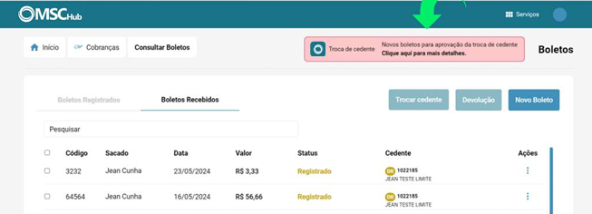 Aviso de novos boletos para aprovação da troca de cedente.