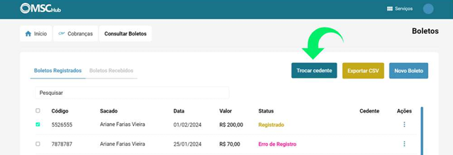 Consulta de boletos com o botão Trocar cedente em destaque.