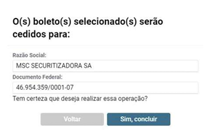 Confirmação da troca com a razão social do novo cedente e o botão Sim, concluir.