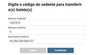 Campos de número do cedente, número da carteira e documento federal.