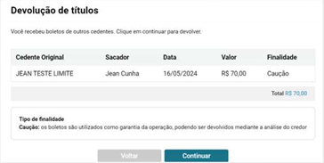 Tela de devolução de títulos na modalidade caução.