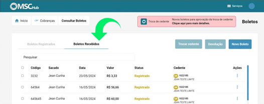 Aba Boletos recebidos na consulta de boletos.