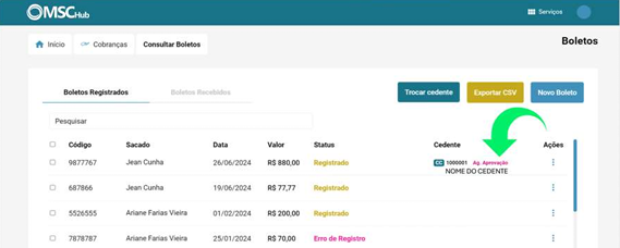 Coluna Cedente com o status Ag. Aprovação.